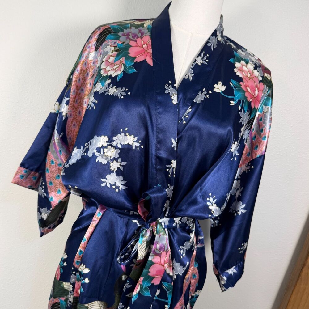 Sam Well Womens M Satin Kimono Robe Navy Peacock Floral Belted Asian Inspired